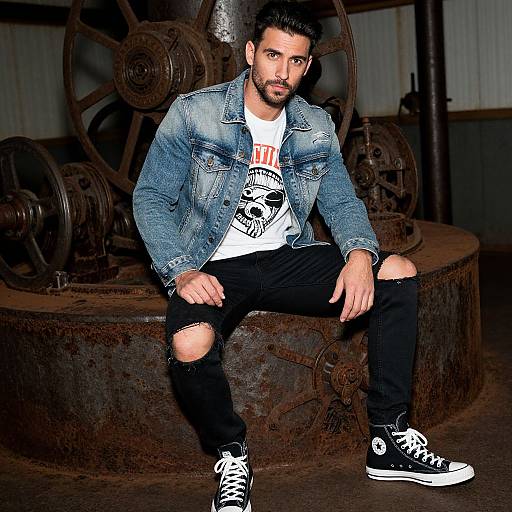 Photograph of a bearded man with dark hair, wearing a denim jacket, white graphic tee, ripped black jeans, and black sneakers, sitting on