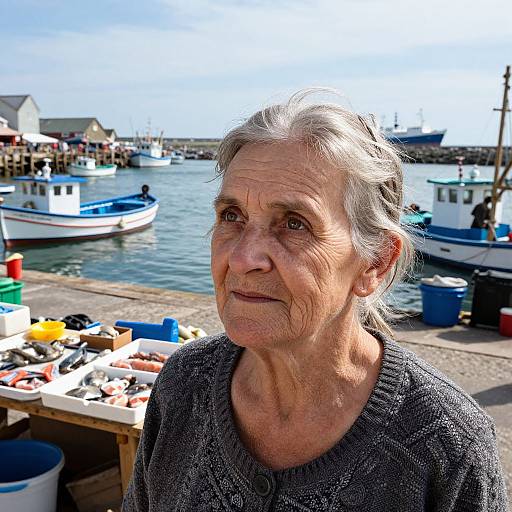 Photograph of an elderly woman with gray hair, wearing a gray sweater, standing by a bustling harbor with boats and colorful maritime supplies in the background.