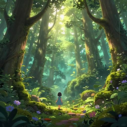 Digital anime-style forest scene with sunlight filtering through tall trees, a small girl in a blue dress standing on a mossy path surrounded by lush greenery