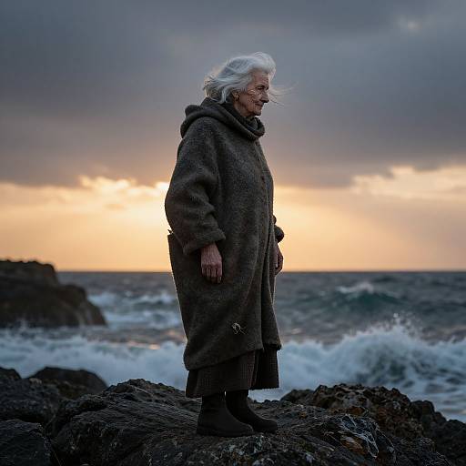 Photograph of elderly woman with white hair, wearing dark gray, hooded coat, standing on rocky shoreline at sunset, waves crashing behind.