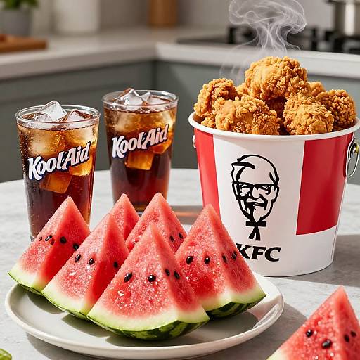 Photograph of watermelon slices, Coca-Cola glasses with ice, and a steaming bucket of KFC fried chicken on a kitchen counter.