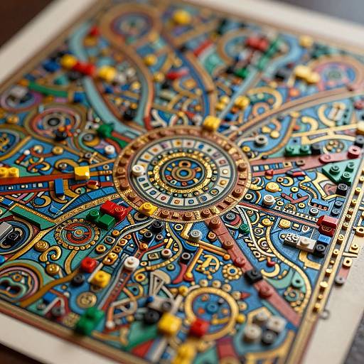 Colorful, intricate, 3D mosaic artwork featuring swirling patterns, circular designs, and vibrant red, yellow, blue, and green elements, set