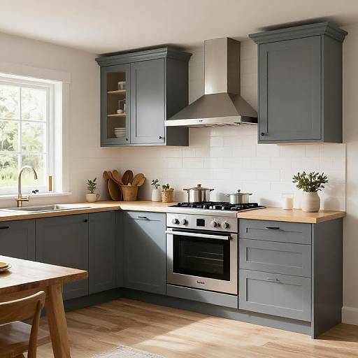 Photograph of a modern kitchen with gray cabinets, stainless steel oven, gas stove, wooden countertops, white tiled backsplash, and natural light from a