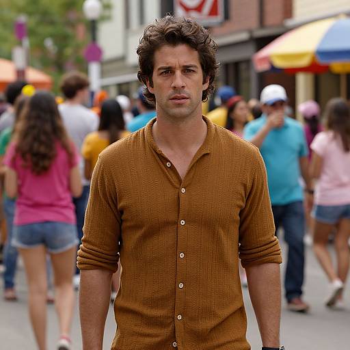Photograph of a handsome, brown-haired man with curly hair, wearing a brown, button-up shirt, standing in a bustling street filled with people and