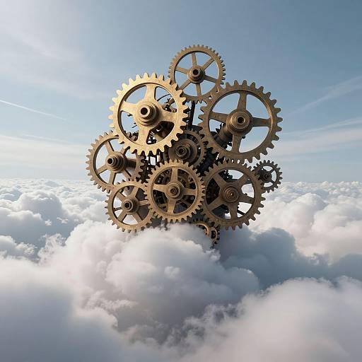 Photograph of intricate golden gear mechanism floating amidst fluffy white clouds against a bright blue sky with sunlight rays.