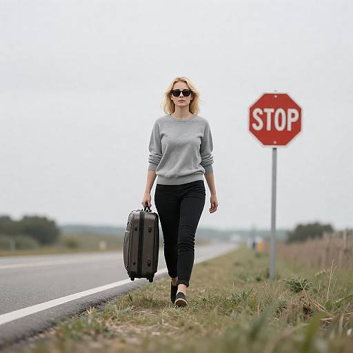 Woman Walking with Suitcase by Roadside