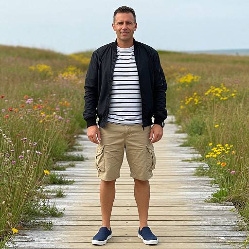 Photograph of a smiling man in a black jacket, white striped shirt, beige shorts, and blue sneakers, standing on a wooden path through a colorful