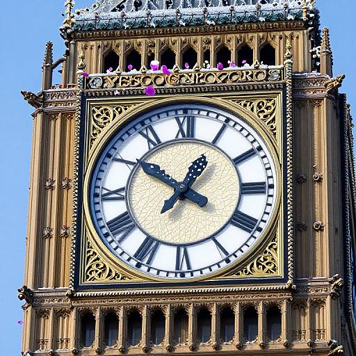 Photograph of the ornate Big Ben clock tower with black Roman numerals, gold detailing, and people peering through arches.