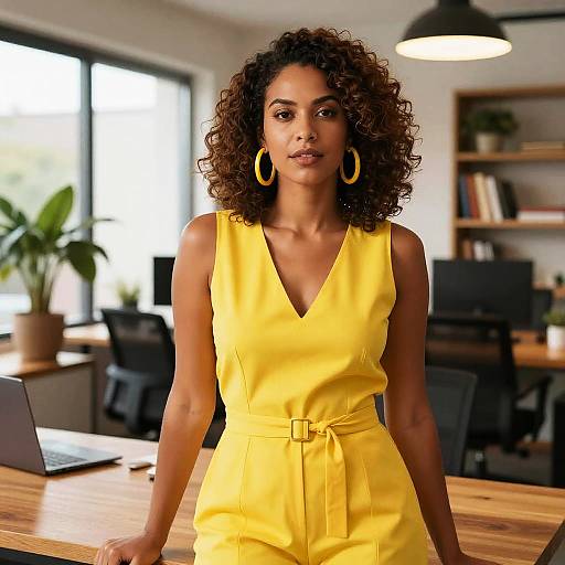 Photograph of a confident Black woman with curly hair, wearing a yellow sleeveless V-neck jumpsuit and large gold earrings, standing in a modern,