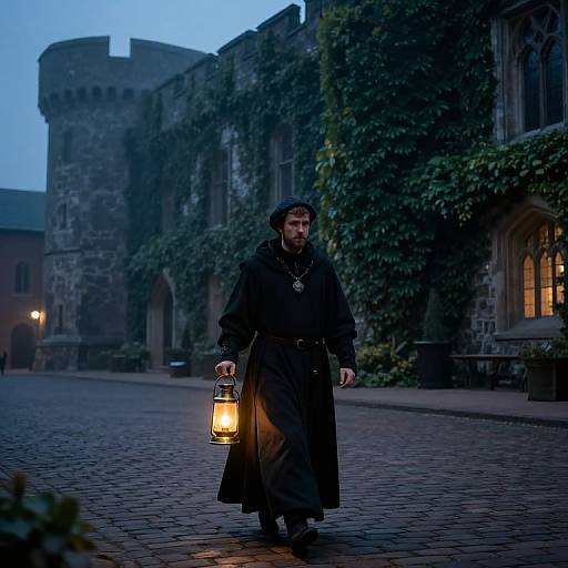 Medieval Butler in Misty Castle Courtyard