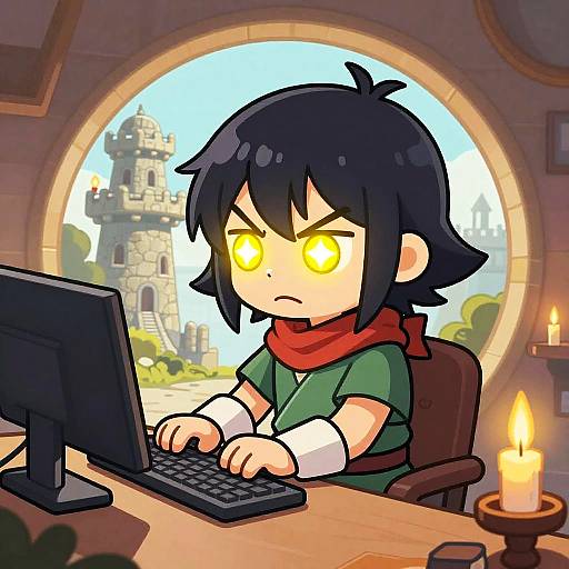 Chibi Anime Mage Apprentice at Desk