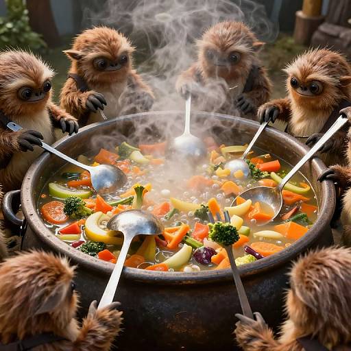 Digital artwork of six fluffy, brown-furred, monkey-like creatures with large eyes, stirring a steaming pot of colorful vegetables and fruits with silver spo