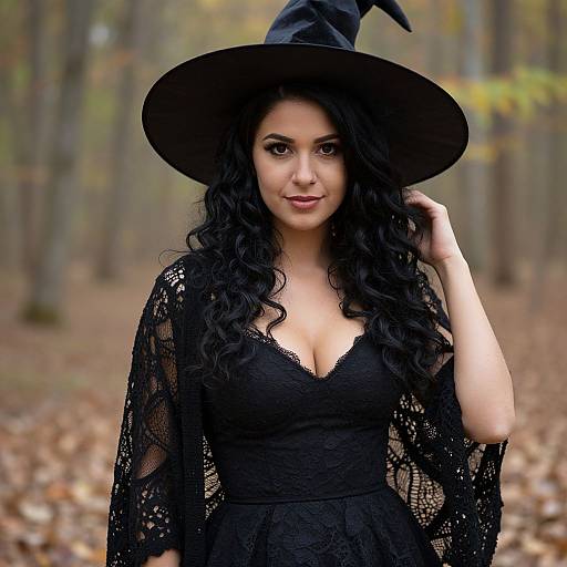 Photograph of a curvy woman with long black curly hair, wearing a black lace dress, lace shawl, and witch hat, standing in an