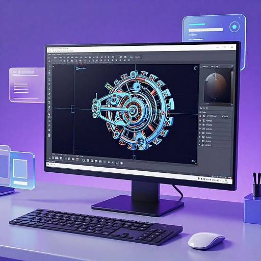 Photograph of a modern workstation with a black computer monitor displaying a complex blue and white digital design, keyboard, mouse, and glowing blue background elements.