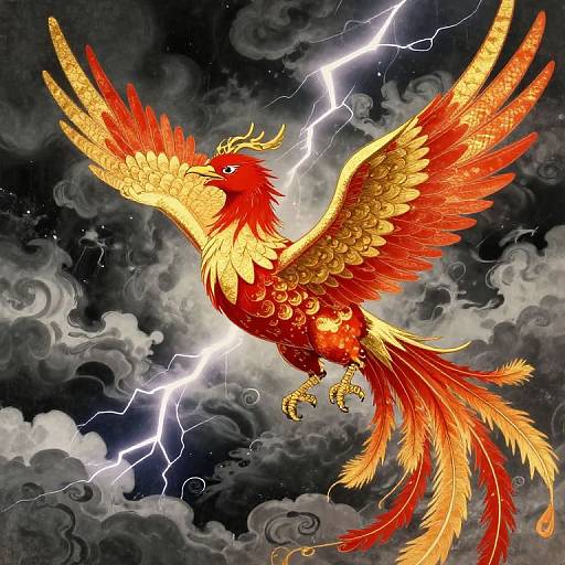 Digital illustration of a vibrant red and gold phoenix with spread wings, surrounded by stormy clouds and bright lightning bolts.