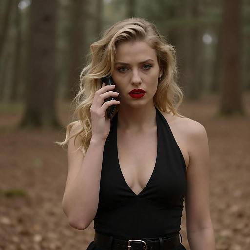Blonde Woman in Forest with Phone