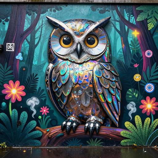 Cyber Rainforest Metallic Owl Mural