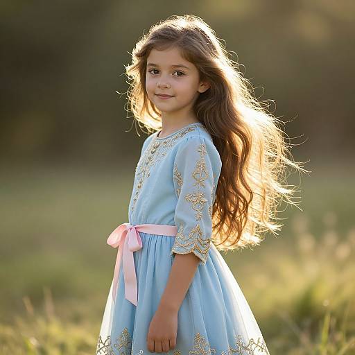 Sunlit Girl in Elegant Blue Dress