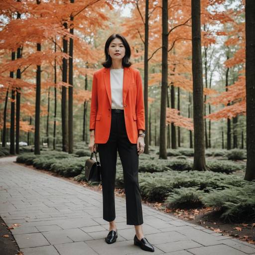 Woman in Vermilion Blazer in Autumn Forest