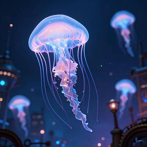 Photograph of glowing blue and purple jellyfish floating in a dark, illuminated aquarium, with blurred city lights and street lamps in the background.