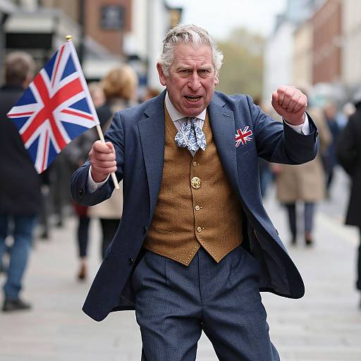 Middle-aged man in blue suit, brown vest, white lace cravat, holding Union Jack flag, fist raised, street background, blurred pedestrians.