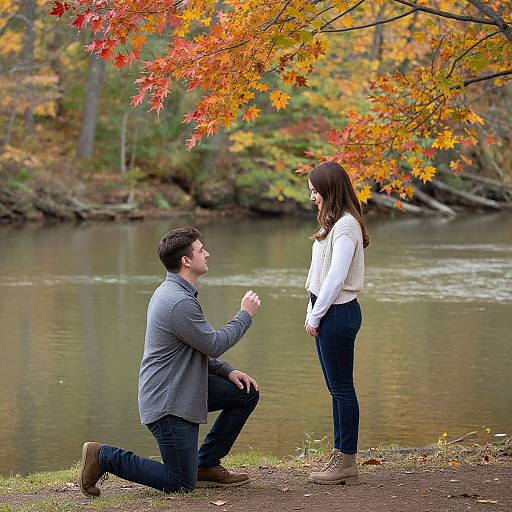 Photograph of a man kneeling by a lake, proposing to a woman with autumn leaves overhead, both in casual fall attire.