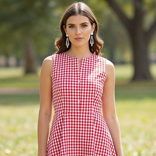 Photograph of a woman with wavy brown hair, wearing a red and white checkered sleeveless dress and dangling silver earrings, standing in a sun