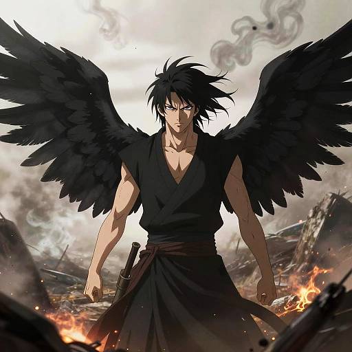 Fierce Anime Warrior with Black Wings