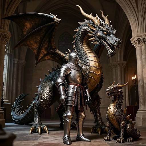 Medieval Knight Facing Intricate Dragon