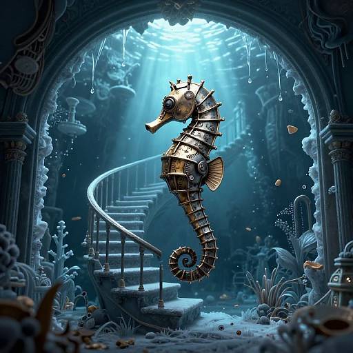 Digital artwork of a steampunk seahorse in a glowing underwater ruin, surrounded by coral, bubbles, and sunlight filtering through arches.