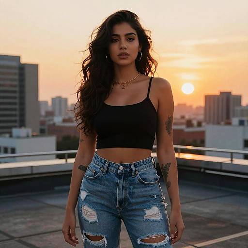 Photograph of a woman with long, wavy dark hair, wearing a black crop top and distressed jeans, standing on a rooftop at sunset, city