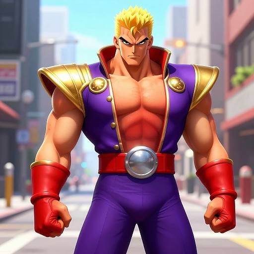 Digital anime-style drawing of a muscular, blonde, blue-eyed man with a fierce expression, wearing a purple vest, gold armor, red gloves, and
