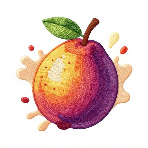 Watercolor illustration of a ripe, purple-red plum with green leaf, dotted texture, and splashes of red and white background.