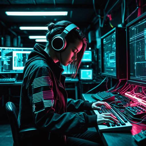 Cyberpunk Hacker at Work in Tech Lab