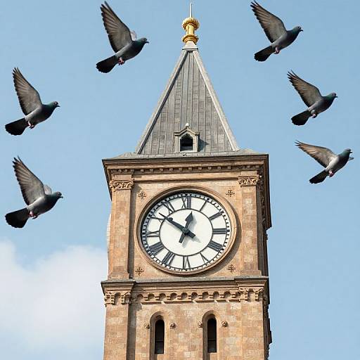 Photograph of a stone clock tower with a pointed grey roof and gold finial, surrounded by flying black pigeons against a clear blue sky.