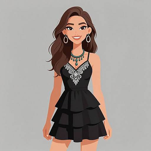 Digital illustration of a smiling woman with long brown hair, wearing a black, layered dress with white lace, hoop earrings, and a necklace, against a