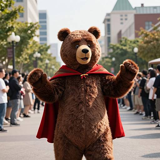 Photograph of a brown bear mascot in a red cape standing in a sunlit urban street, surrounded by a crowd.