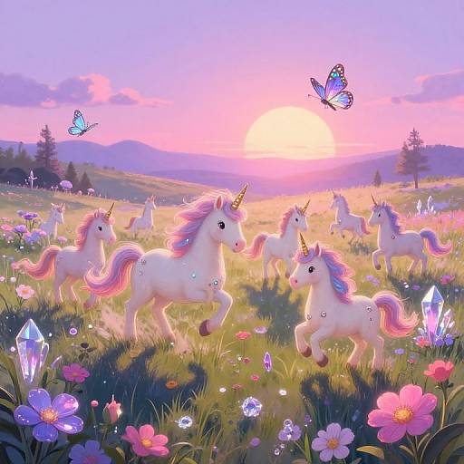 Digital art of white unicorns with pink manes in a vibrant meadow, surrounded by glowing flowers and butterflies, under a pink and purple sunset sky