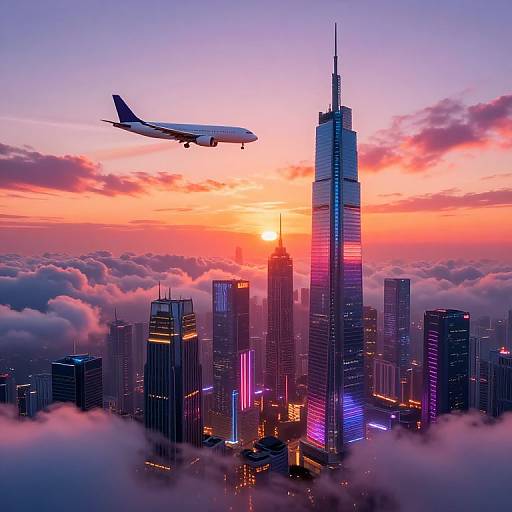 Futuristic Cityscape with Soaring Aircraft