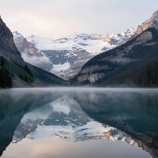 Photograph of a serene mountain lake reflecting snow-capped peaks, mist, and evergreen forests, with soft morning light and calm water.