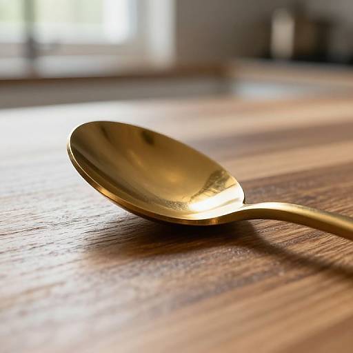 Golden spoon with reflective surface lies on a sunlit wooden table, creating a warm, glowing effect in a softly blurred kitchen background.