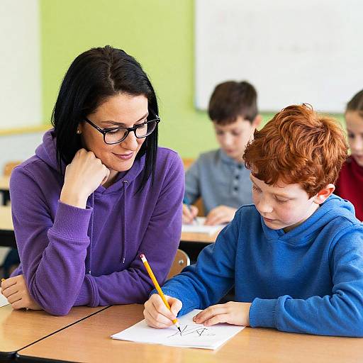 Photograph of a dark-haired female teacher in a purple hoodie, black-framed glasses, and a red-haired male student in a blue hoodie, writing