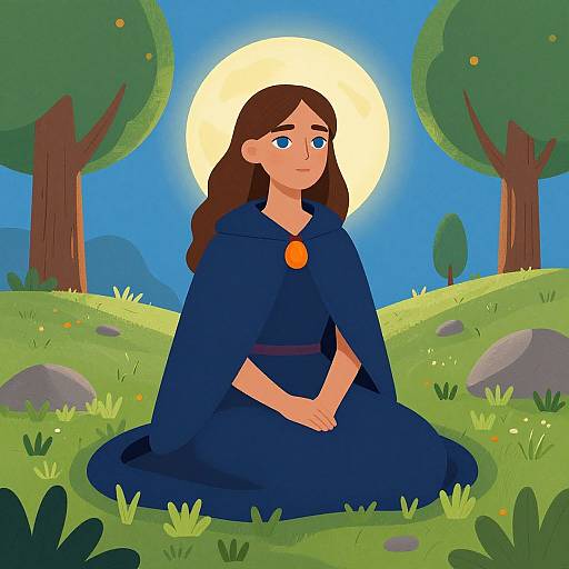 Dreamy Folk-Art Woman in Moonlit Field