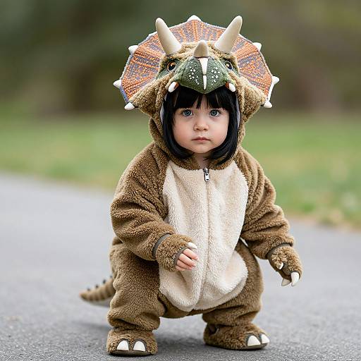 Photograph of a young Asian baby with black hair in a brown, fluffy dinosaur costume with horns and a frilled headpiece, standing on a paved