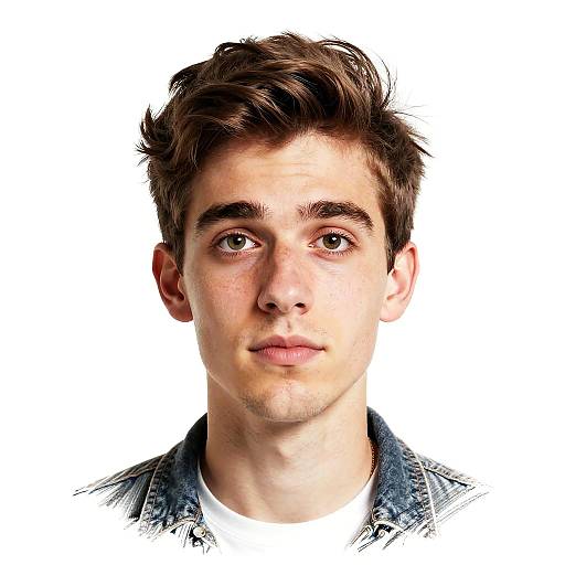 Photograph of a young Caucasian man with short, dark brown, slightly tousled hair, green eyes, and light skin, wearing a denim jacket over