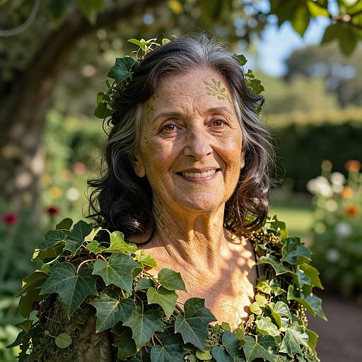 Photograph of a smiling elderly woman with dark, wavy hair adorned with green leaves, standing in a sunlit garden.