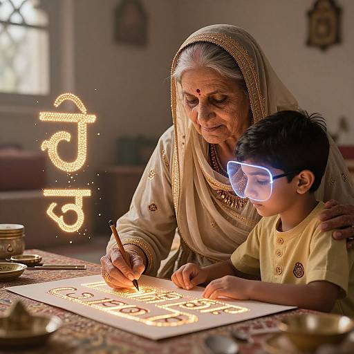 Photograph of elderly Indian woman in saree and young boy with glowing glasses writing on illuminated paper, indoor setting.