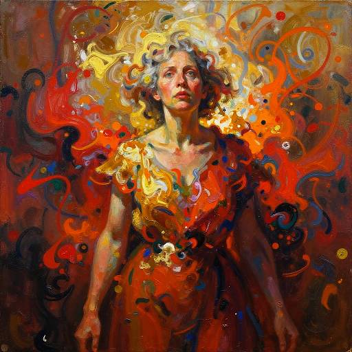 Vibrant oil painting of a woman with curly hair, illuminated by swirling red, orange, and yellow abstract patterns, standing against a dark background.