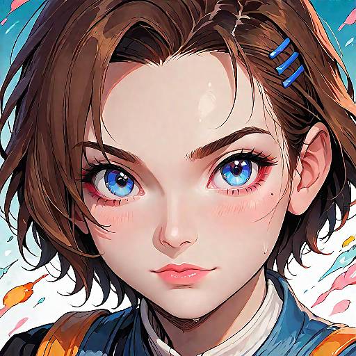 Digital anime-style portrait of a young girl with large blue eyes, brown wavy hair, blue hairpins, and a serious expression.