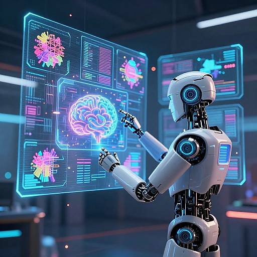 Photograph of a white robotic humanoid with blue glowing eyes interacting with a holographic interface displaying colorful brain and data graphics in a futuristic, dimly-l